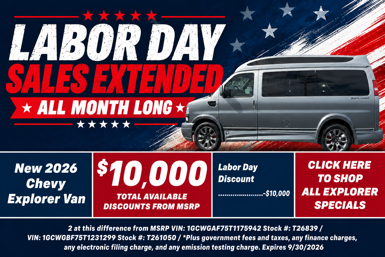 Chevy Explorer Van Labor Day Sale Temecula CA