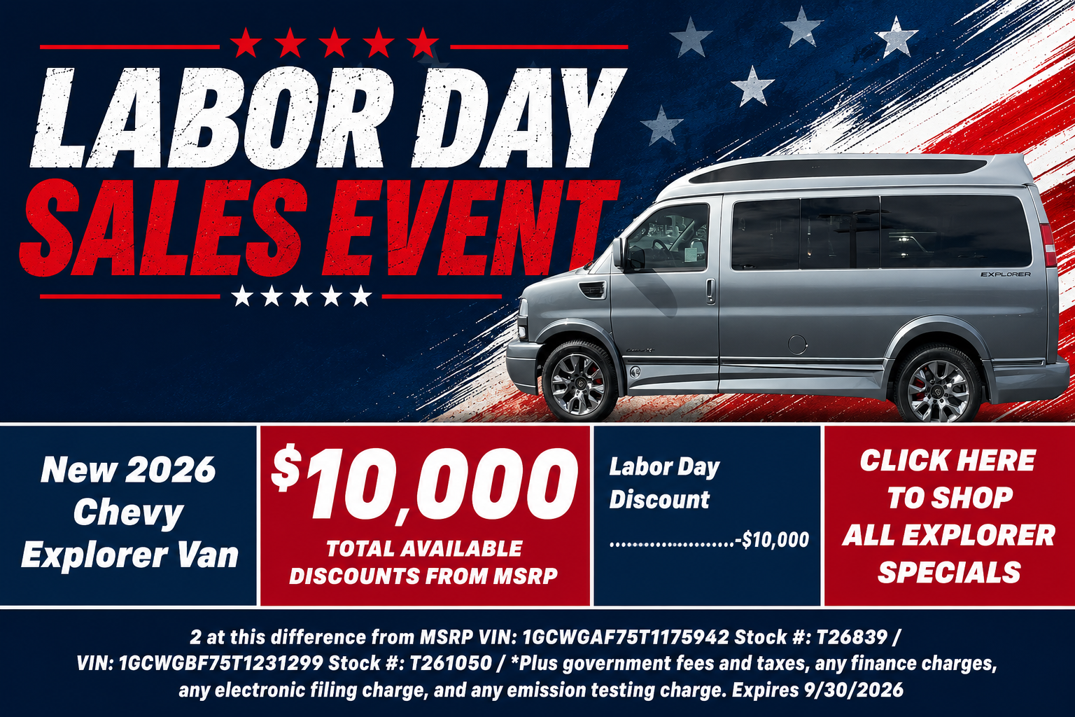 Chevy Explorer Van Labor Day Sale Temecula CA